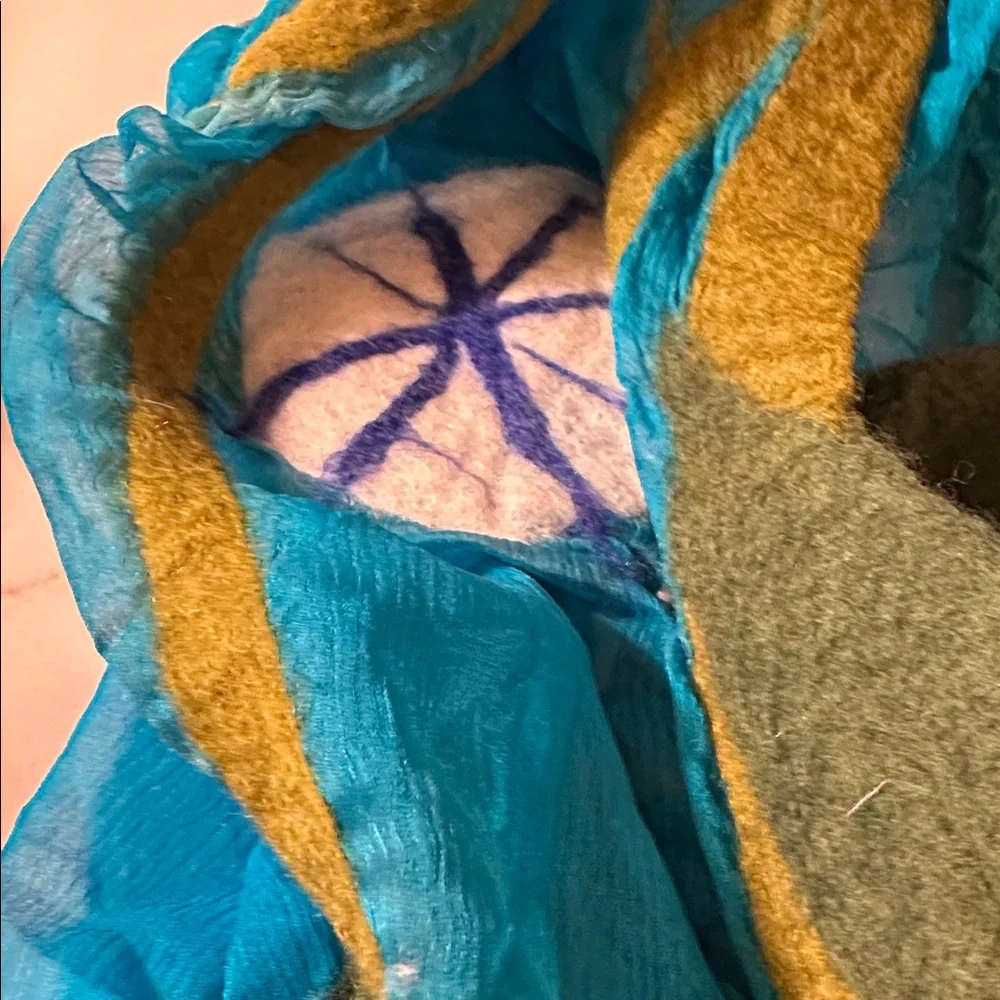 Turquoise Silk Chiffon Scarf with Felted Wool Floral Decor - Picture 3 of 5